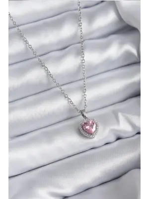  Zincir Gümüş  Pembe Zirkon Taş Charm Model  Çelik Kolye