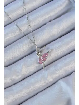  Zincir Gümüş  Pembe Zirkon Taşlı Balerin Çelik Kolye