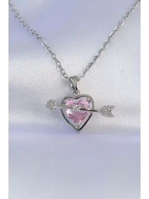  Zincir Gümüş  Pembe Zirkon Taşlı Eros Çelik Kolye