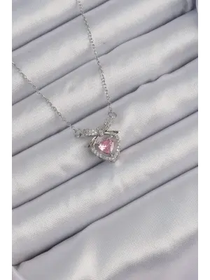  Zincir Gümüş  Pembe Zirkon Taşlı Fiyonklu Kalp Çelik Kolye