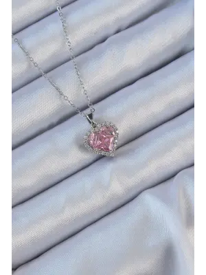  Zincir Gümüş  Pembe Zirkon Taşlı Kalp Çelik Kolye