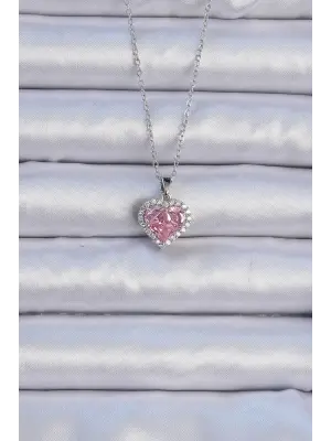 Zincir Gümüş  Pembe Zirkon Taşlı Kalp Çelik Kolye