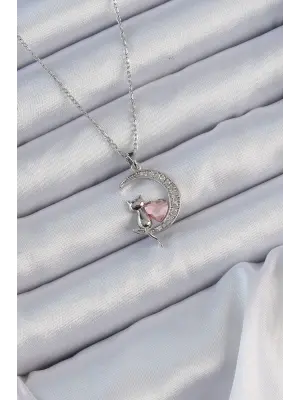  Zincir Gümüş  Pembe Zirkon Taşlı Kedili Ay Çelik Kolye