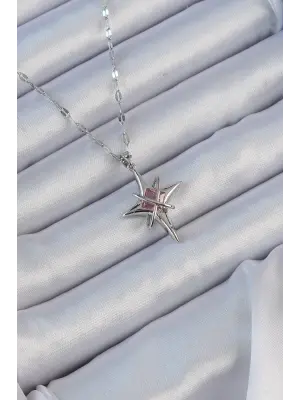  Zincir Gümüş  Pembe Zirkon Taşlı Kutup Yıldızı Çelik Kolye