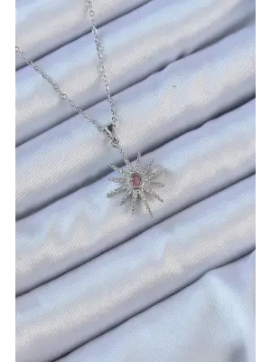  Zincir Gümüş  Pembe Zirkon Taşlı Kutup Yıldızı Çelik Kolye