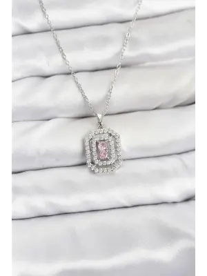 316L Çelik Zincir Gümüş Renk Plaka Model Zirkon Taşlı Kadın Kolye