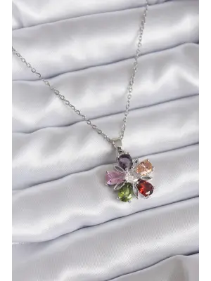 316L Çelik Zincir Gümüş Renk Renkli Zirkon Taş Çiçek Model Kadın Kolye