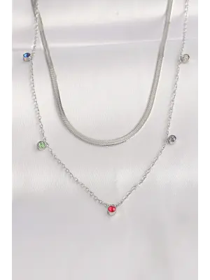  Zincir Gümüş  li Zirkon Taşlı 2li Çelik Kolye