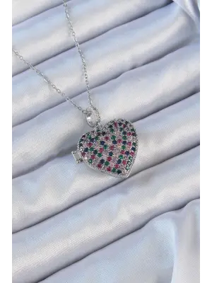  Zincir Gümüş  li Zirkon Taşlı İçi Açılan Bombeli Kalp Çelik Kolye