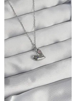  Zincir Gümüş  li Zirkon Taşlı Kalp Çelik Kolye