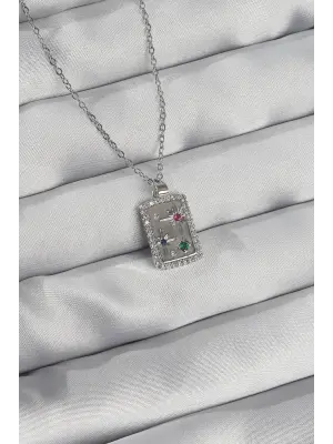  Zincir Gümüş  li Zirkon Taşlı Vintage Çelik Kolye