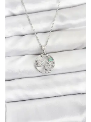 316L Çelik Zincir Gümüş Renk Şans Kolyesi Model Zirkon Taşlı Kadın Kolye