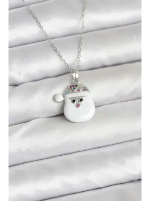 316L Çelik Zincir Gümüş Renk Şapkalı Kardan Adam Kafası Model Yılbaşı Temalı Kadın Kolye