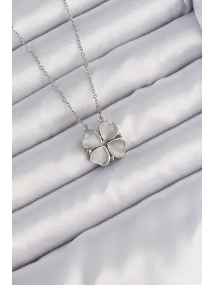  Zincir Gümüş  Sedefli Kalp Figürlü Yonca Çelik Kolye