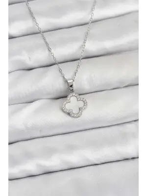 316L Çelik Zincir Gümüş Renk Sedefli Yonca Kadın Kolye