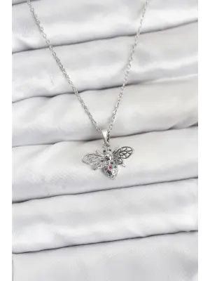 316L Çelik Zincir Gümüş Renk Sinek Model Zirkon Taşlı Kadın Kolye