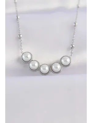  Zincir Gümüş  Sıralı İnci Taşlı Çelik Kolye