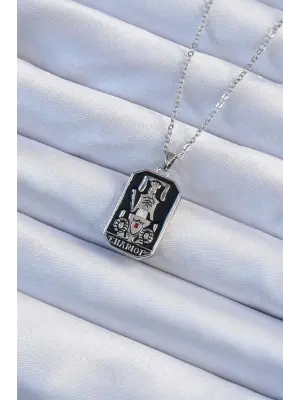  Zincir Gümüş  Siyah Mineli Tarot Çelik Kolye