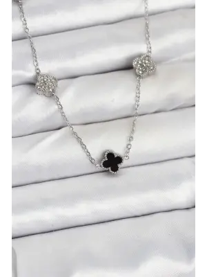 316L Çelik Zincir Gümüş Renk Siyah ve Zirkon Taşlı Baby Boy Yonca Kadın Kolye