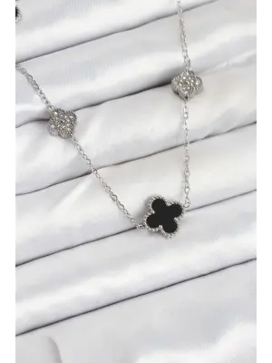 316L Çelik Zincir Gümüş Renk Siyah ve Zirkon Taşlı Yonca Kadın Kolye