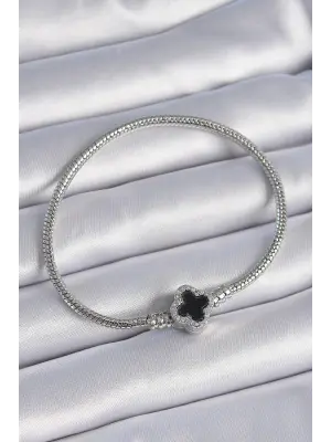316L Çelik Zincir Gümüş Renk Siyah Zirkon Taş Detaylı Yonca Figür Charm Model Kadın Bileklik