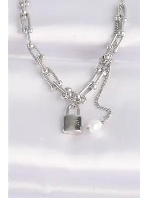  Zincir Gümüş  Tiffany Zincirli Love Yazılı Kilit Çelik Kolye