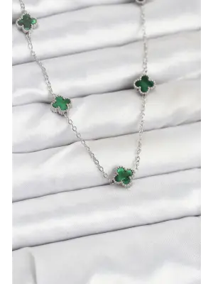 316L Çelik Zincir Gümüş Renk Yeşil Baby Boy Yonca Kadın Kolye