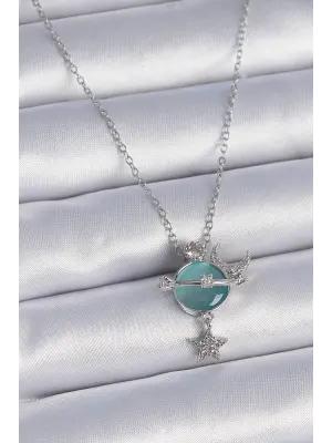  Zincir Gümüş  Yeşil Sedefli Gezegen Model Zirkon Taşlı Ay Yıldız Model  Çelik Kolye