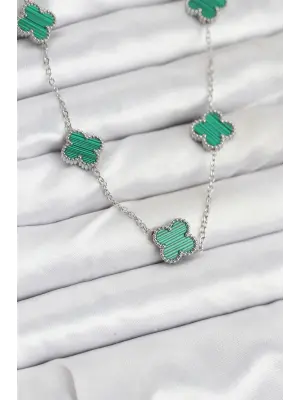 316L Çelik Zincir Gümüş Renk Yeşil Yonca Kadın Kolye