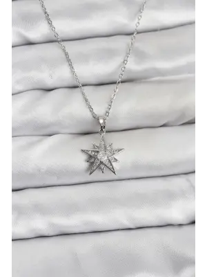 316L Çelik Zincir Gümüş Renk Yıldız Model Zirkon Taşlı Kadın Kolye