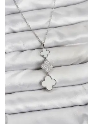 316L Çelik Zincir Gümüş Renk Yonca Detaylı Zirkon Taşlı Kadın Kolye
