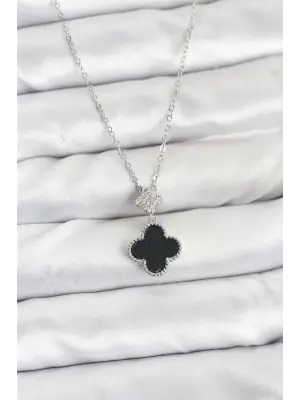 316L Çelik Zincir Gümüş Renk Yonca Model Zirkon Taşlı Kadın Kolye