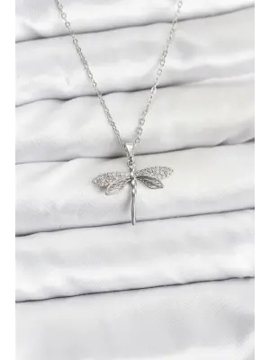 316L Çelik Zincir Gümüş Renk Yusufçuk Model Zirkon Taşlı Kadın Kolye