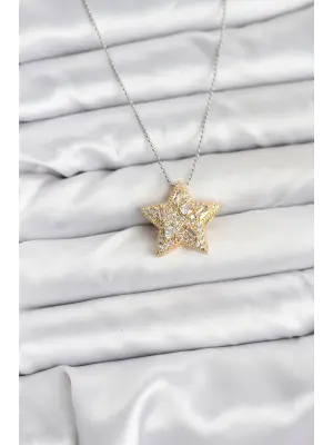 316L Çelik Zincir Gümüş Renk Zincirli Gold Yıldız Model Kadın Kolye