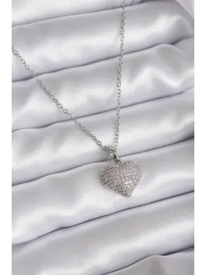  Zincir Gümüş  Zirkon Taş Detay Kalp Model  Çelik Kolye