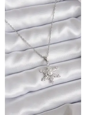 316L Çelik Zincir Gümüş Renk Zirkon Taş Kutup Yıldızı Model İnci Detay Kadın Kolye