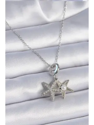  Zincir Gümüş  Zirkon Taşlı Açılır Deniz Yıldızı İnci Detay  Çelik Kolye