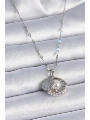  Zincir Gümüş  Zirkon Taşlı Açılır İstiridye Model İnci Detay  Çelik Kolye