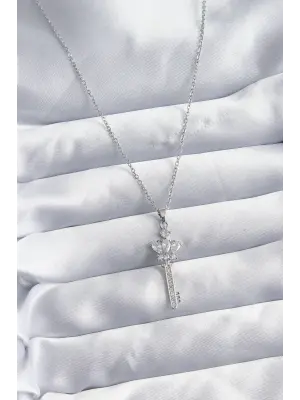  Zincir Gümüş  Zirkon Taşlı Anahtar Model  Çelik Kolye