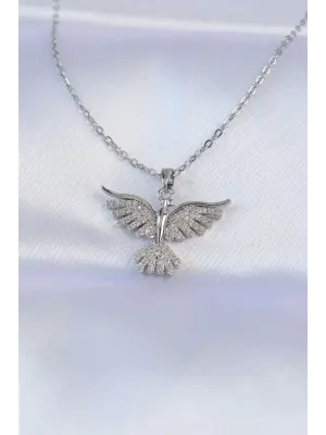  Zincir Gümüş  Zirkon Taşlı Anka Kuşu Tasarımlı Çelik Kolye