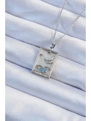  Zincir Gümüş  Zirkon Taşlı Ay Figürlü Tarot Çelik Kolye