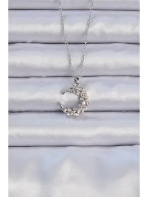  Zincir Gümüş  Zirkon Taşlı Ay Çelik Kolye