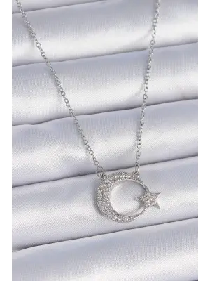  Zincir Gümüş  Zirkon Taşlı Ay Yıldız Model  Çelik Kolye