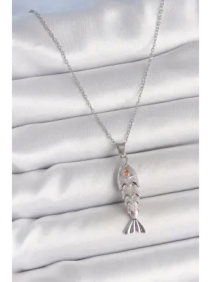 316L Çelik Zincir Gümüş Renk Zirkon Taşlı Balık Figürlü Kolye