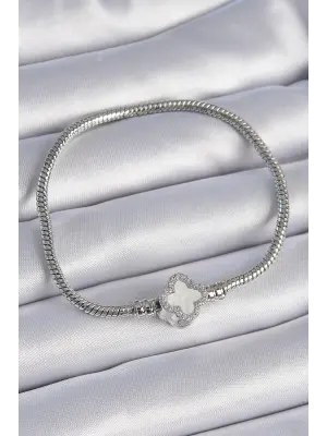 316L Çelik Zincir Gümüş Renk Zirkon Taşlı Beyaz Yonca Figür Charm Model Kadın Bileklik