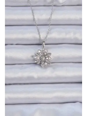  Zincir Gümüş  Zirkon Taşlı Çiçek Çelik Kolye