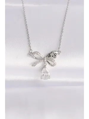  Zincir Gümüş  Zirkon Taşlı Damla Detay Fiyonk Çelik Kolye