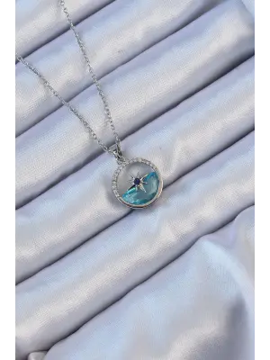  Zincir Gümüş  Zirkon Taşlı Deniz Görünüm Kutup Yıldızı Çelik Kolye