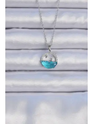  Zincir Gümüş  Zirkon Taşlı Deniz Görünümlü Ay Yıldız Çelik Kolye