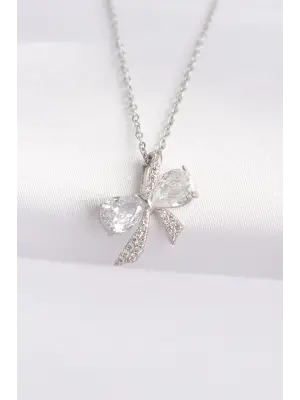  Zincir Gümüş  Zirkon Taşlı Fiyonk Çelik Kolye